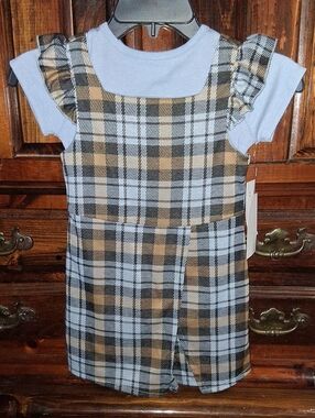 Girls Plaid Pinafore Tank with Light Blue Tee